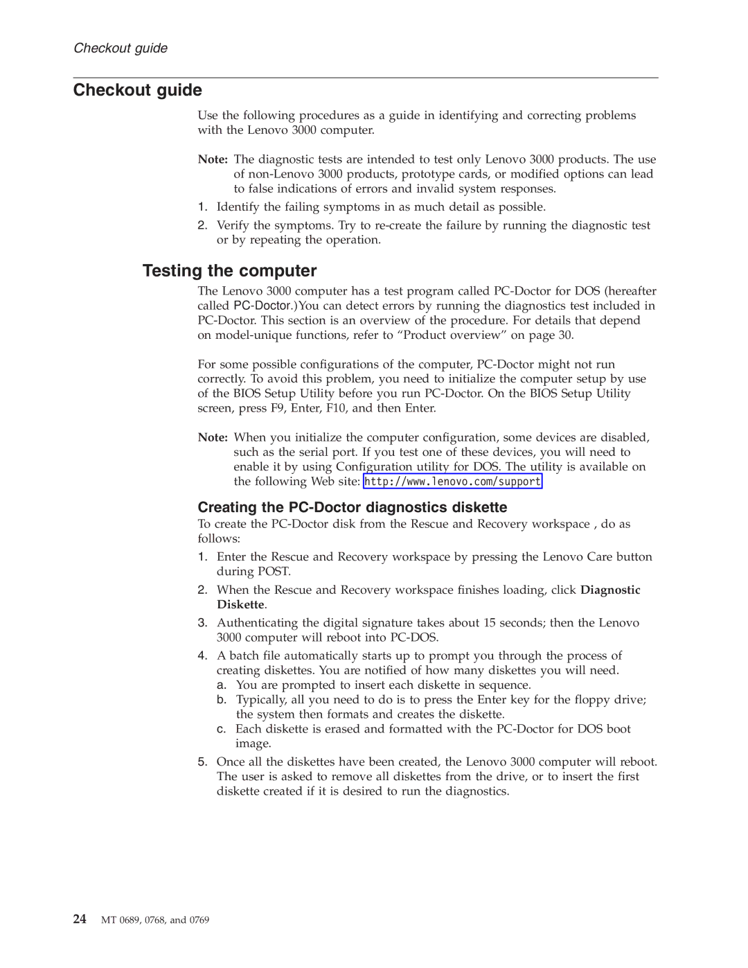 Lenovo N100, N200 manual Checkout guide, Testing the computer, Creating the PC-Doctor diagnostics diskette 