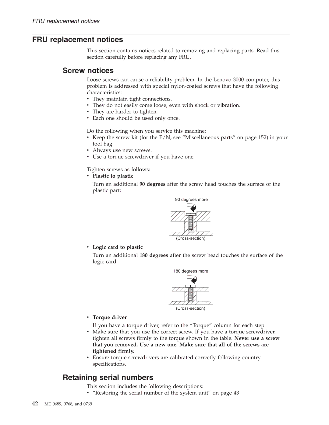 Lenovo N100, N200 manual FRU replacement notices, Screw notices, Retaining serial numbers 