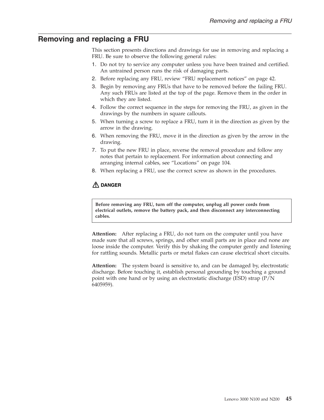 Lenovo N200, N100 manual Removing and replacing a FRU 