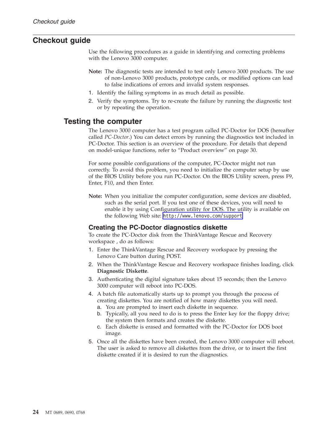 Lenovo N100 manual Checkout guide, Testing the computer, Creating the PC-Doctor diagnostics diskette 