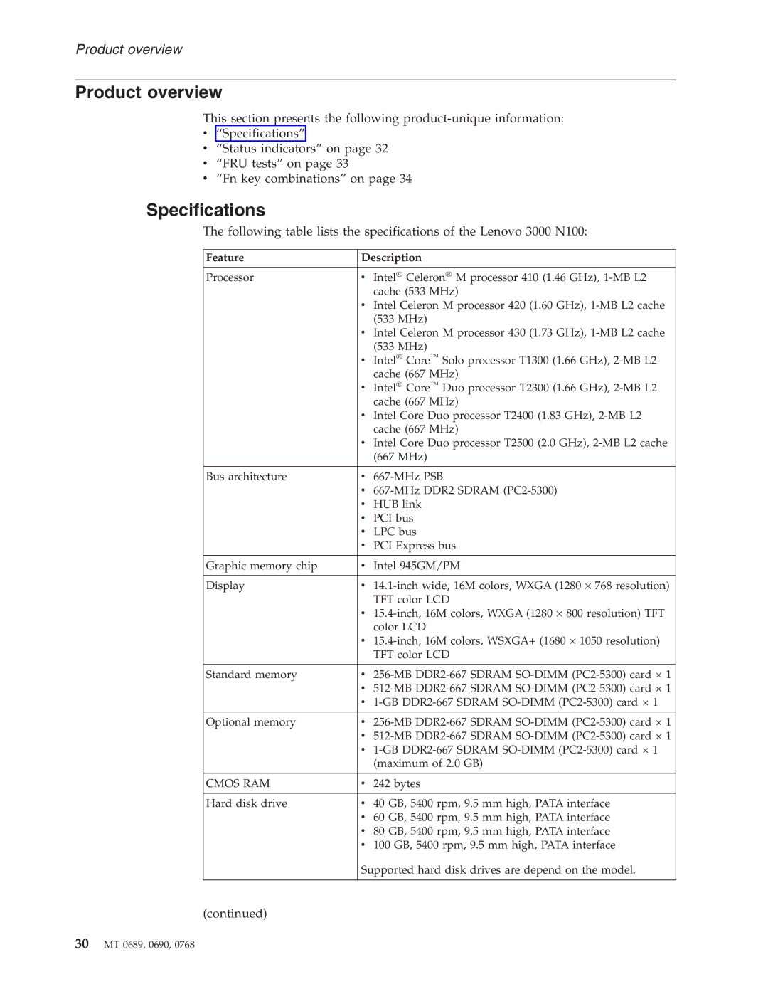 Lenovo N100 manual Product overview, Specifications, Feature Description 