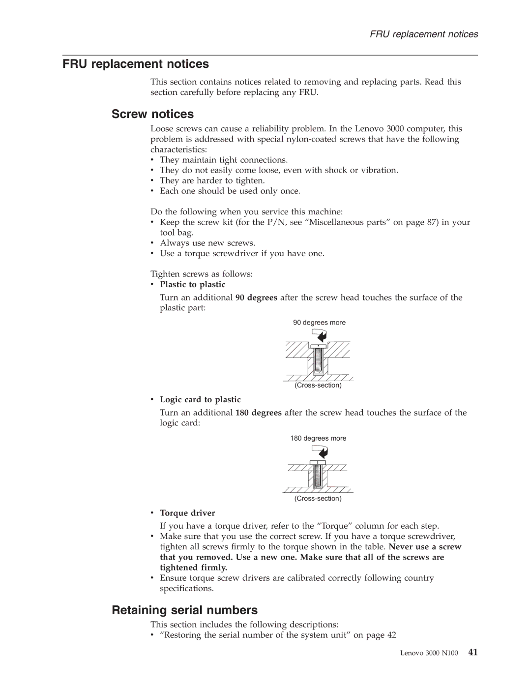 Lenovo N100 manual FRU replacement notices, Screw notices, Retaining serial numbers 