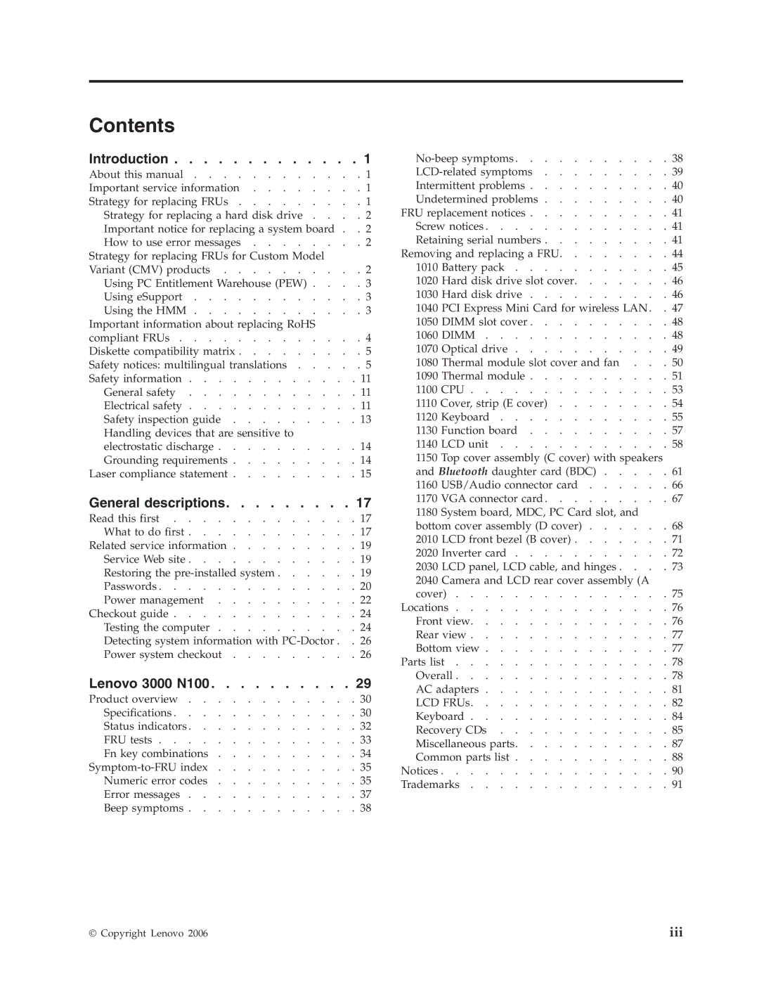 Lenovo N100 manual Contents 