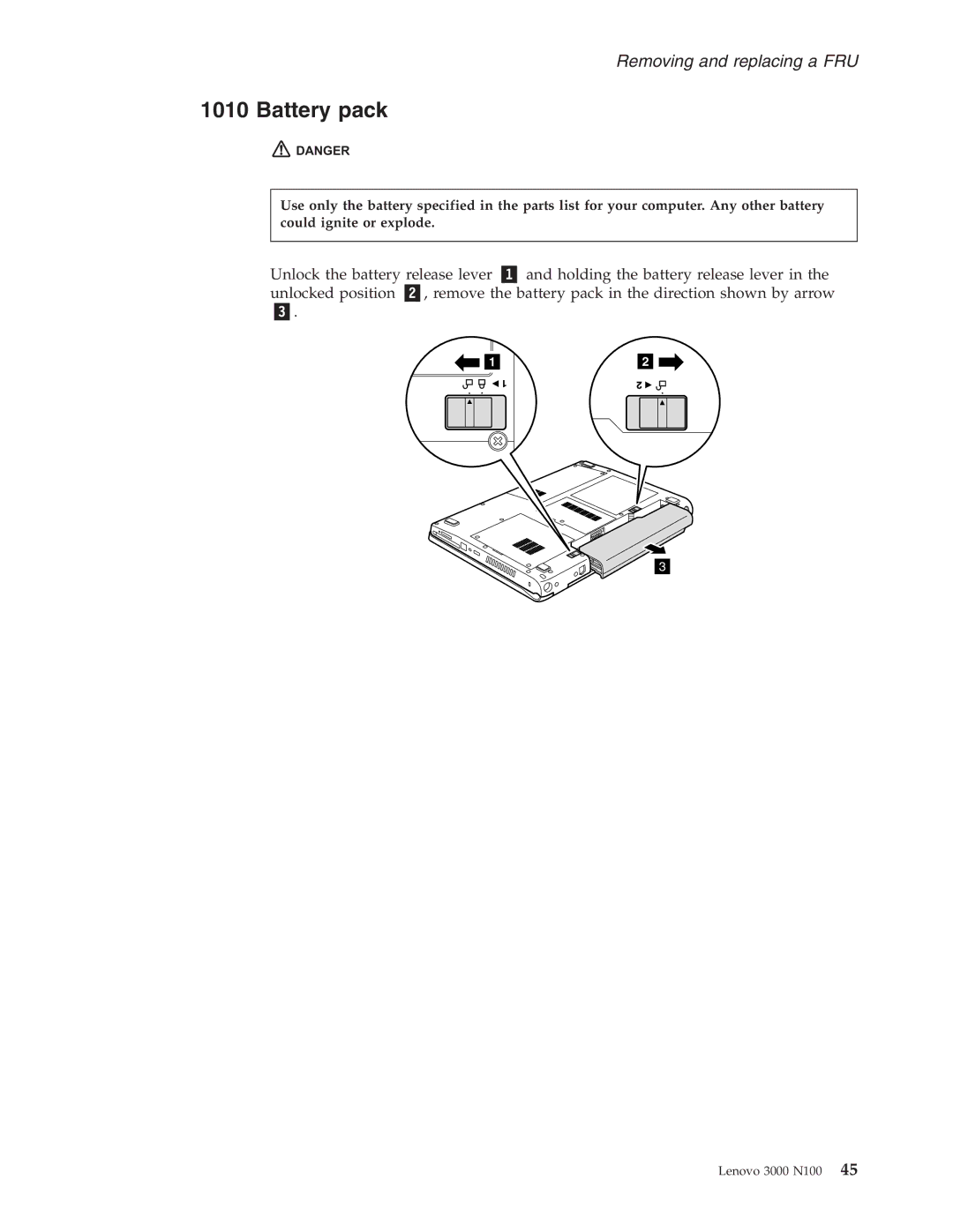 Lenovo N100 manual Battery pack 