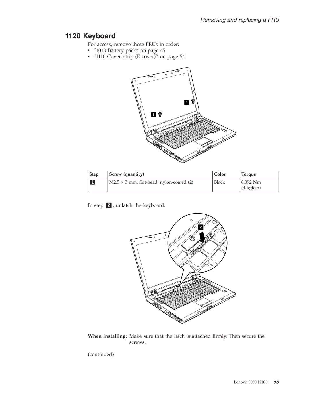 Lenovo N100 manual Keyboard, Step Screw quantity Color Torque 