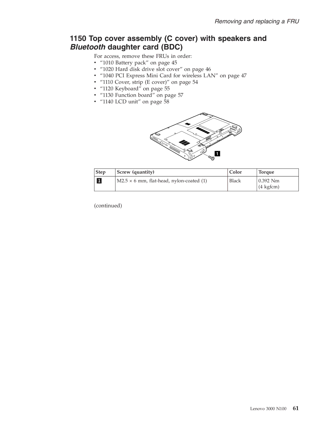 Lenovo N100 manual M2.5 × 6 mm, flat-head, nylon-coated Black 392 Nm Kgfcm 