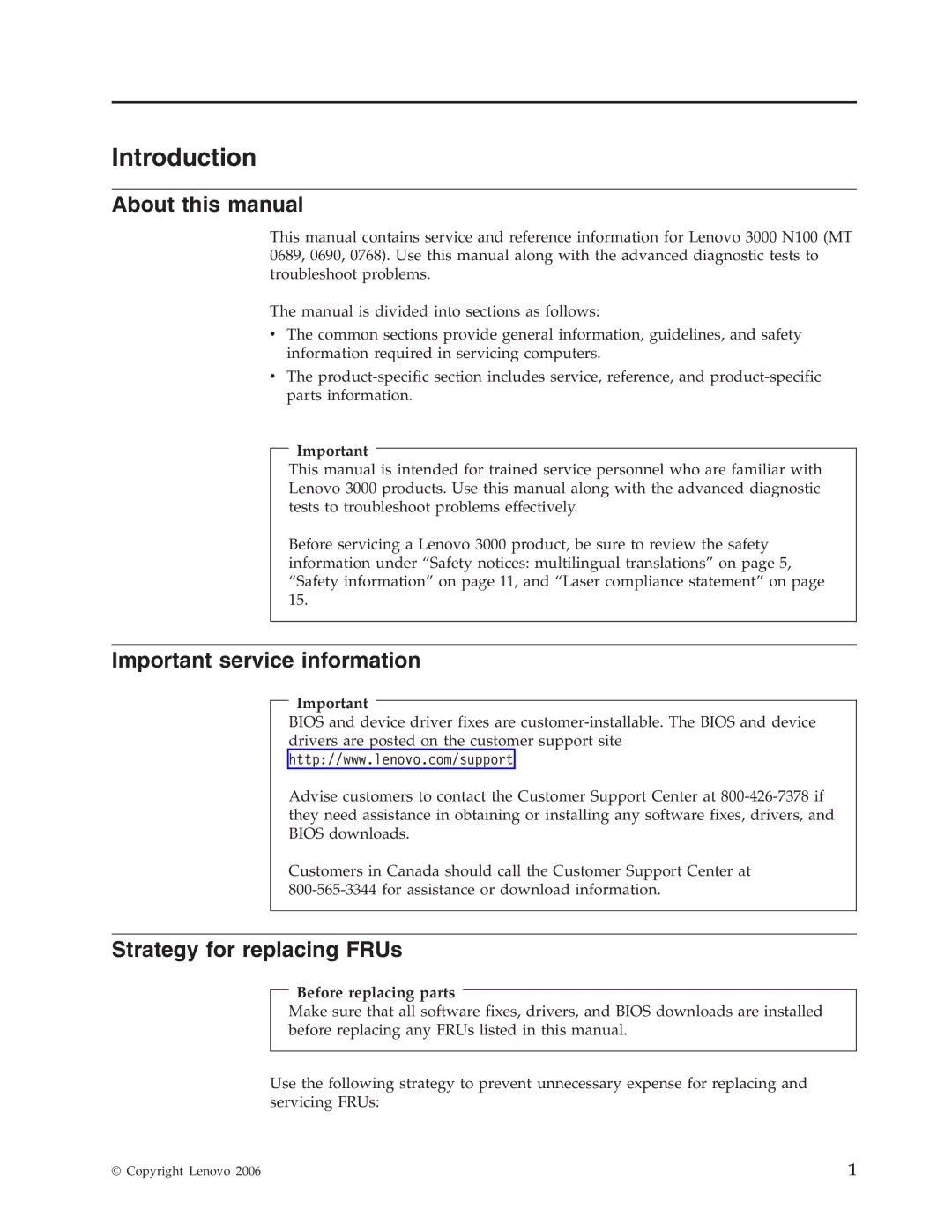 Lenovo N100 About this manual, Important service information, Strategy for replacing FRUs, Before replacing parts 