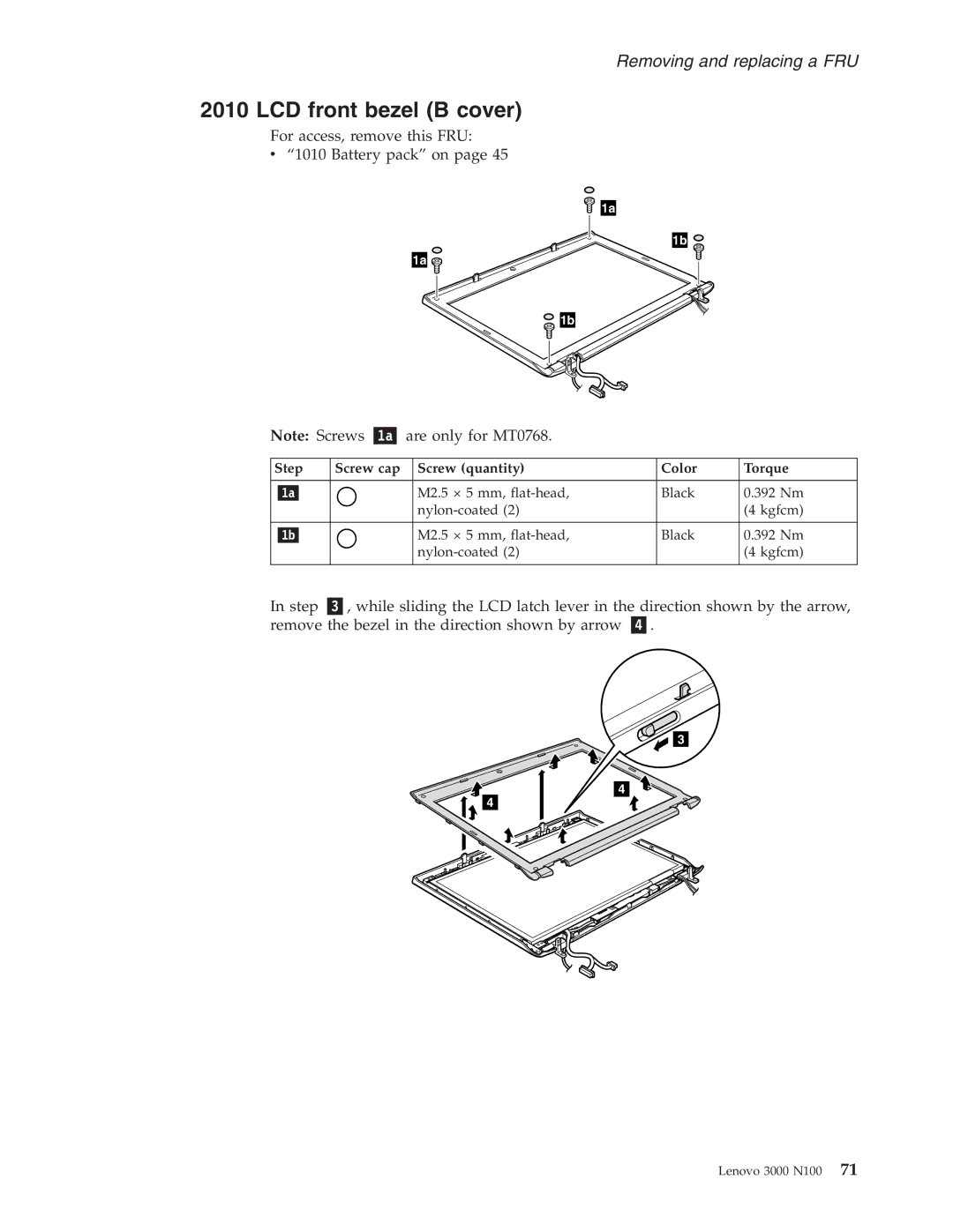 Lenovo N100 manual LCD front bezel B cover, Step Screw cap Screw quantity Color Torque 