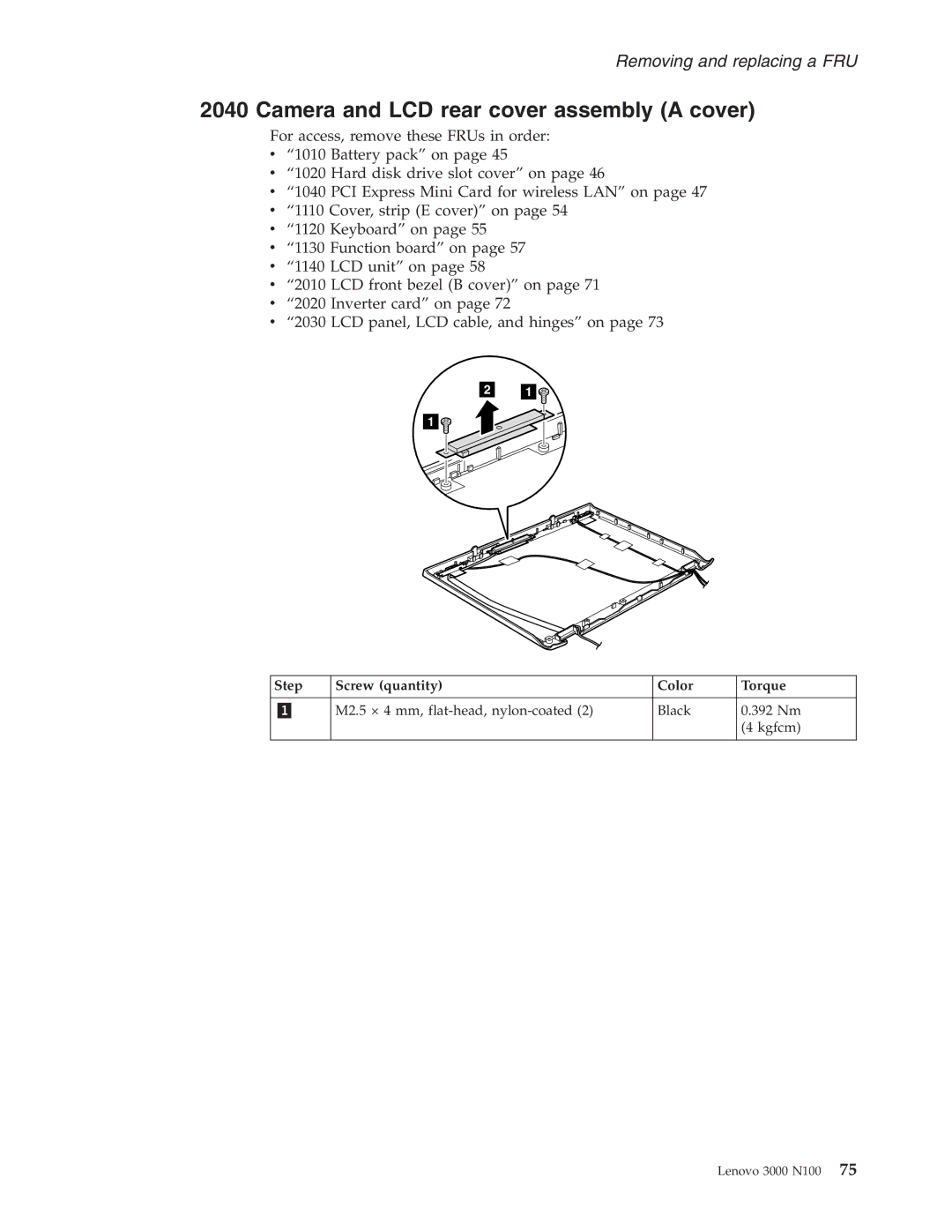 Lenovo N100 manual Camera and LCD rear cover assembly a cover 