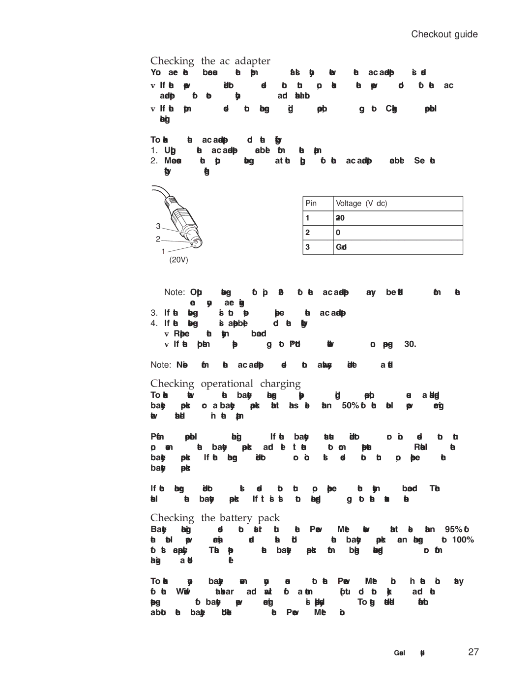 Lenovo N200 manual Checking the ac adapter, Checking operational charging, Checking the battery pack, Pin Voltage V dc 