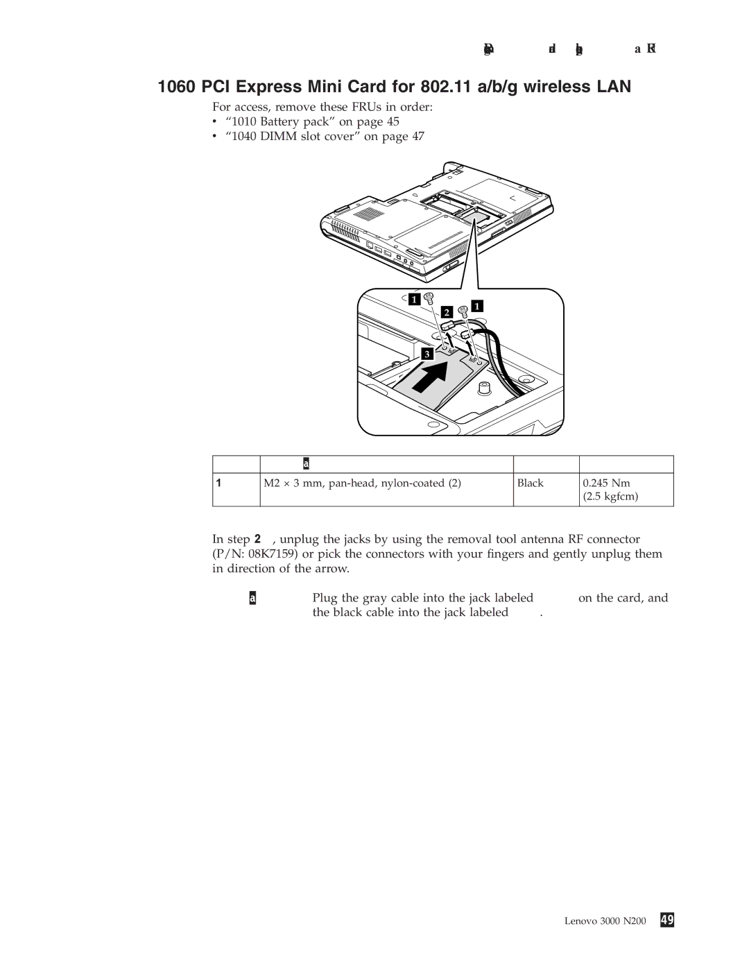 Lenovo N200 manual PCI Express Mini Card for 802.11 a/b/g wireless LAN, Step Screw quantity Color Torque 