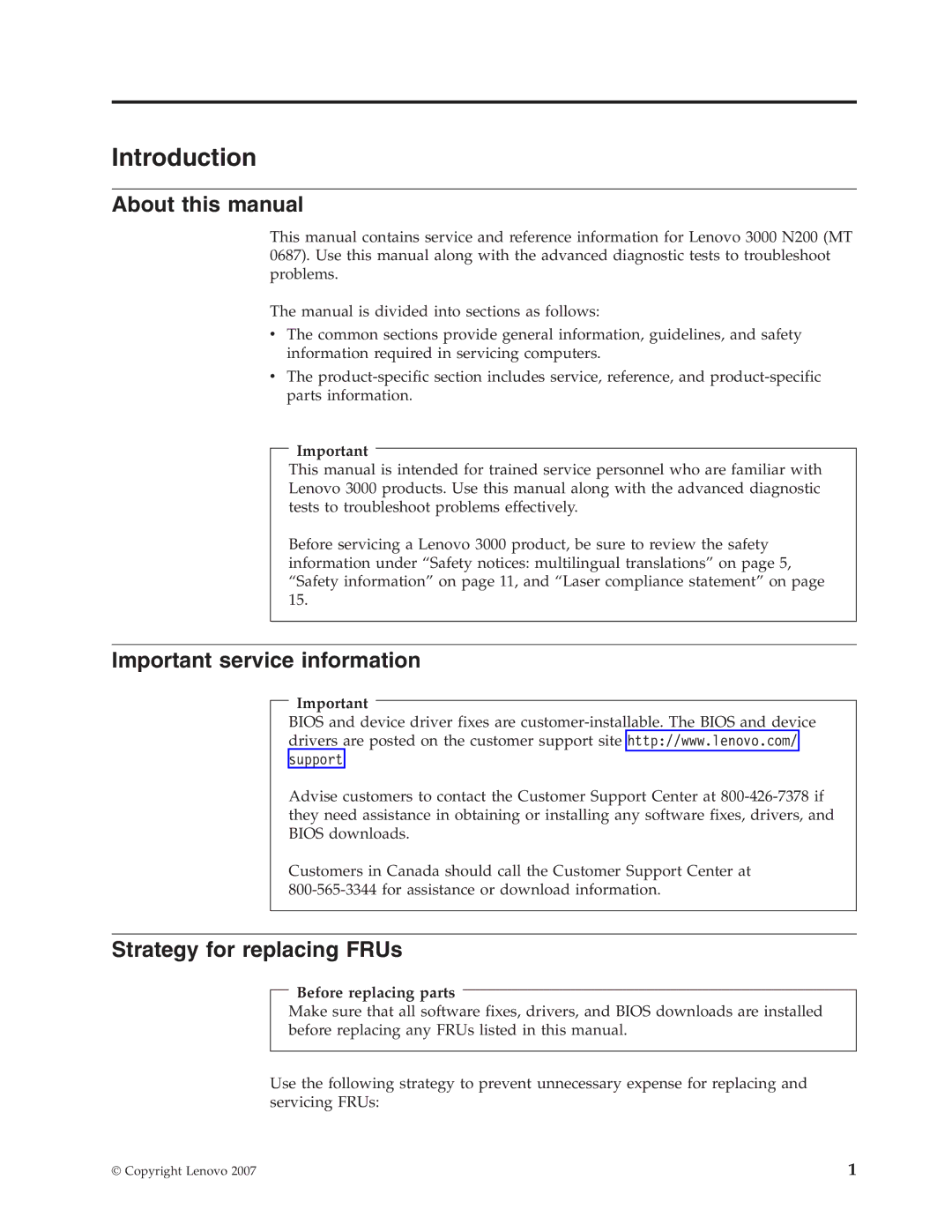 Lenovo N200 About this manual, Important service information, Strategy for replacing FRUs, Before replacing parts 