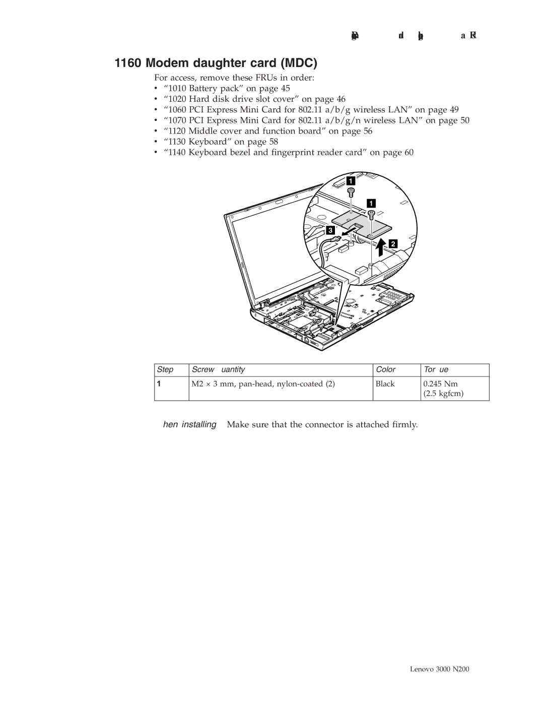 Lenovo N200 manual Modem daughter card MDC, Step Screw quantity Color Torque 