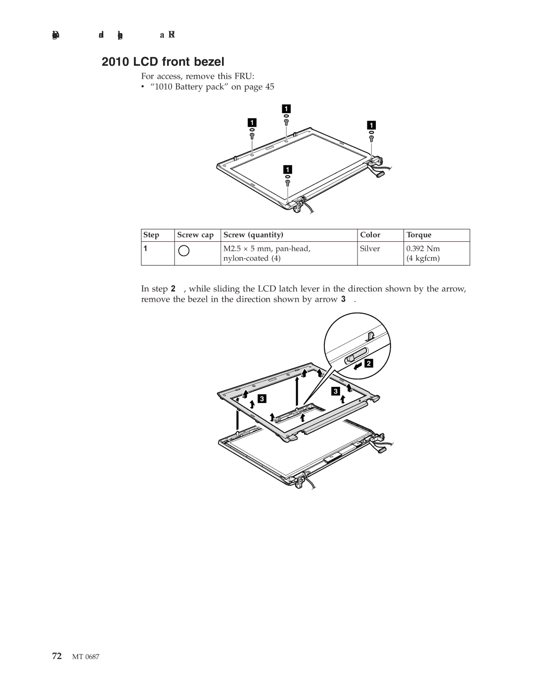 Lenovo N200 manual LCD front bezel, Step Screw cap Screw quantity Color Torque 