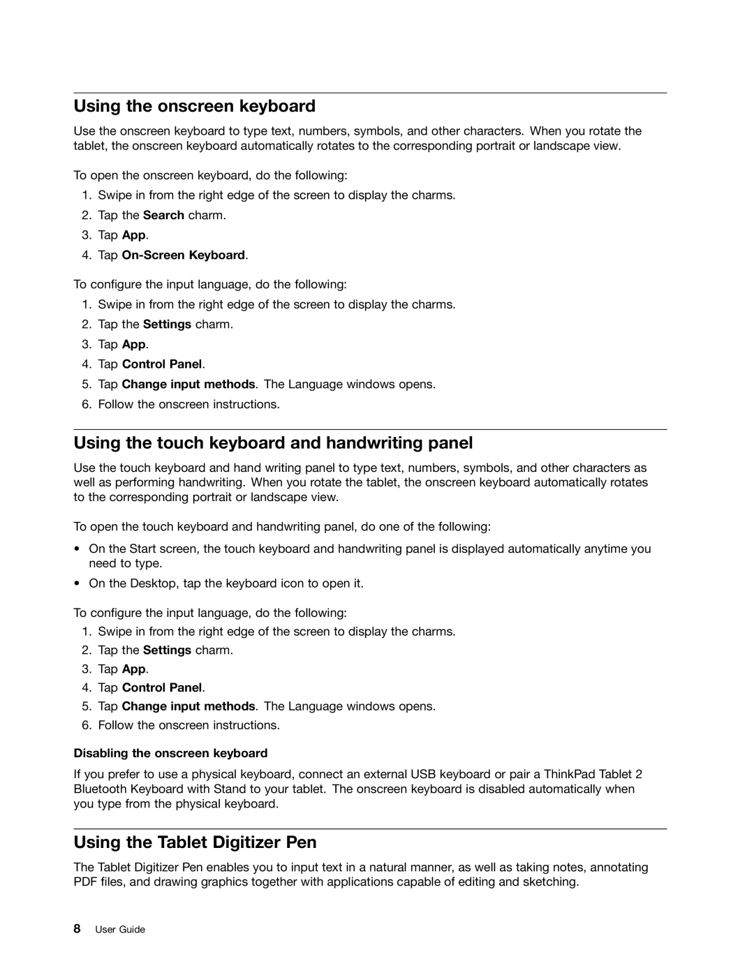 Lenovo N3S2PUK Using the onscreen keyboard, Using the touch keyboard and handwriting panel, Using the Tablet Digitizer Pen 