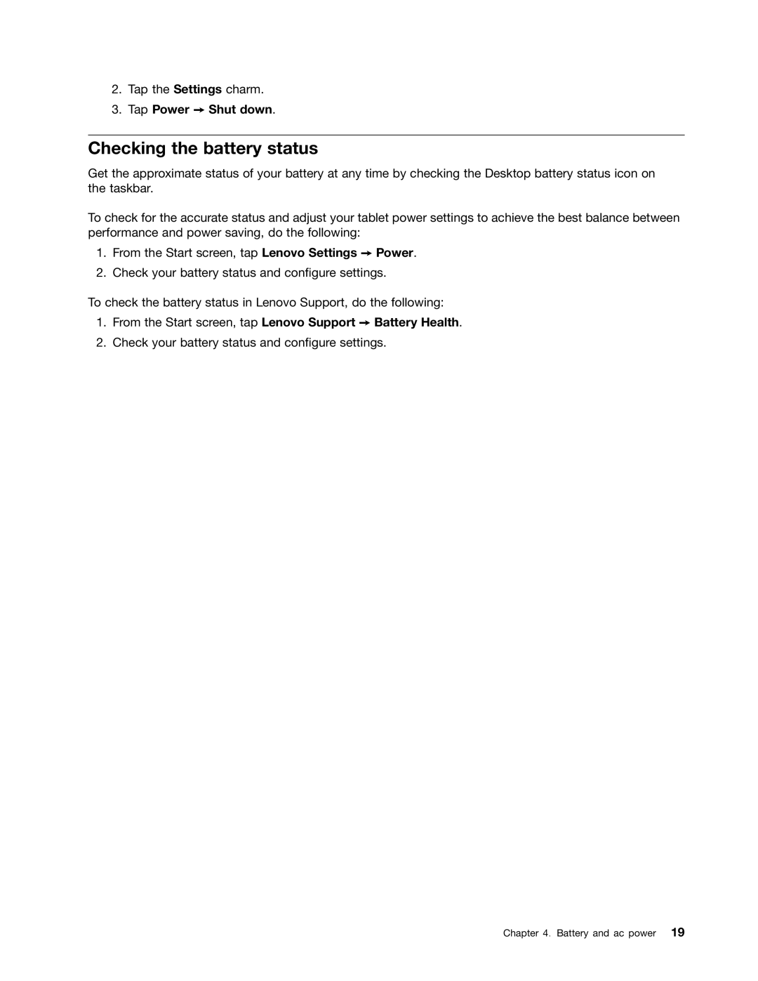 Lenovo N3S2PUK Checking the battery status, Tap Power Shut down, From the Start screen, tap Lenovo Support Battery Health 
