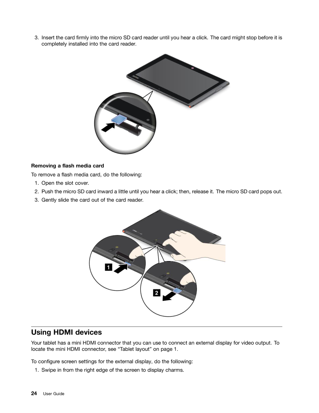 Lenovo N3S2PUK manual Using Hdmi devices, Removing a flash media card 