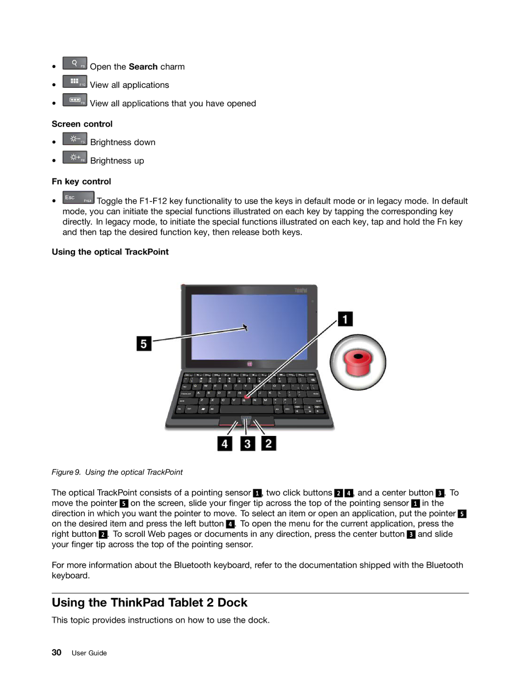 Lenovo N3S2PUK manual Using the ThinkPad Tablet 2 Dock, Screen control, Fn key control, Using the optical TrackPoint 