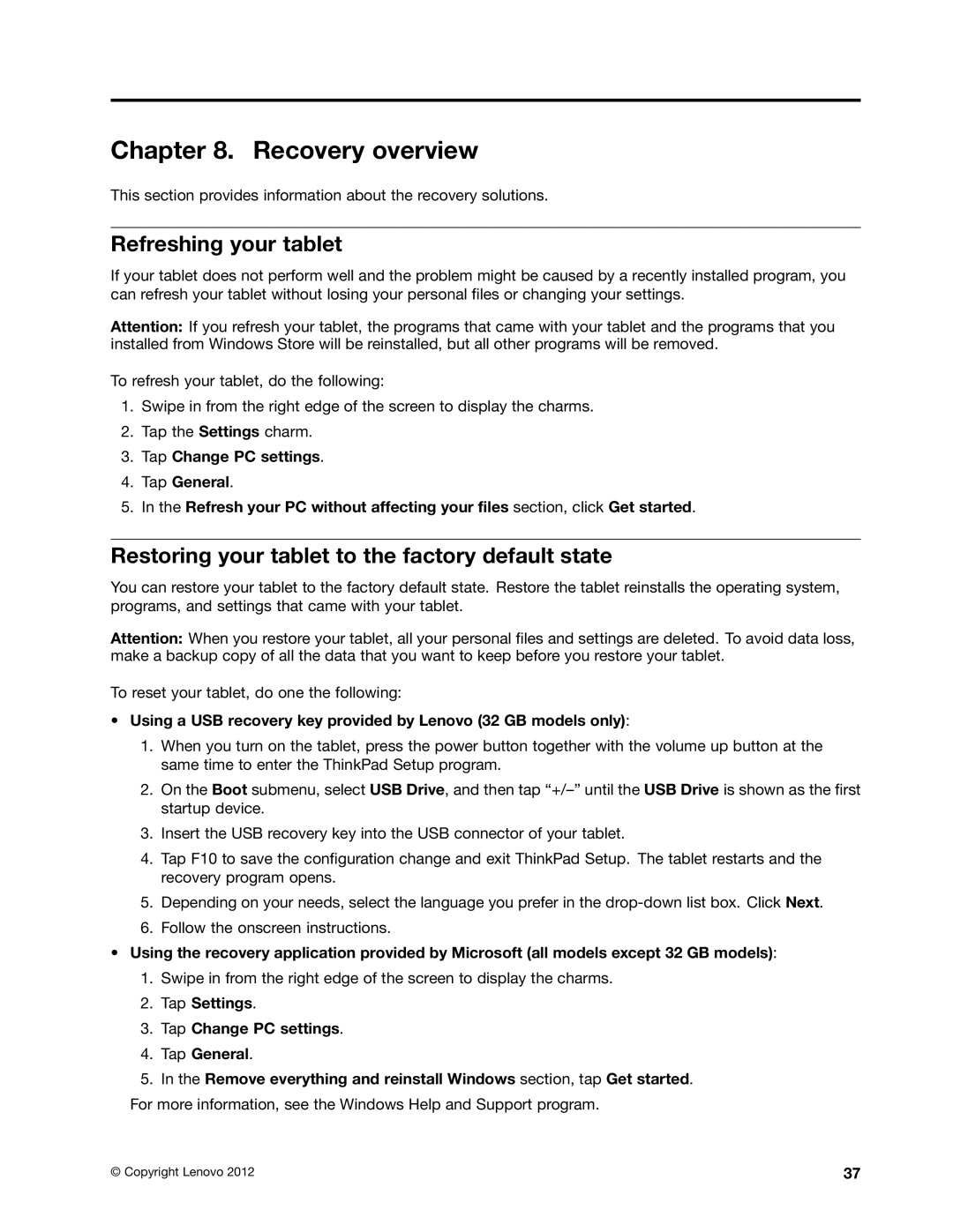 Lenovo N3S2PUK manual Recovery overview, Refreshing your tablet, Restoring your tablet to the factory default state 