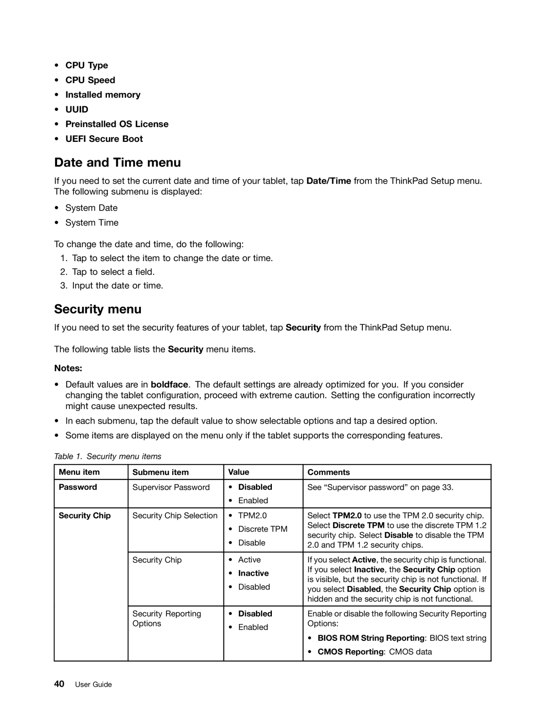 Lenovo N3S2PUK manual Date and Time menu, Security menu, CPU Type CPU Speed Installed memory 