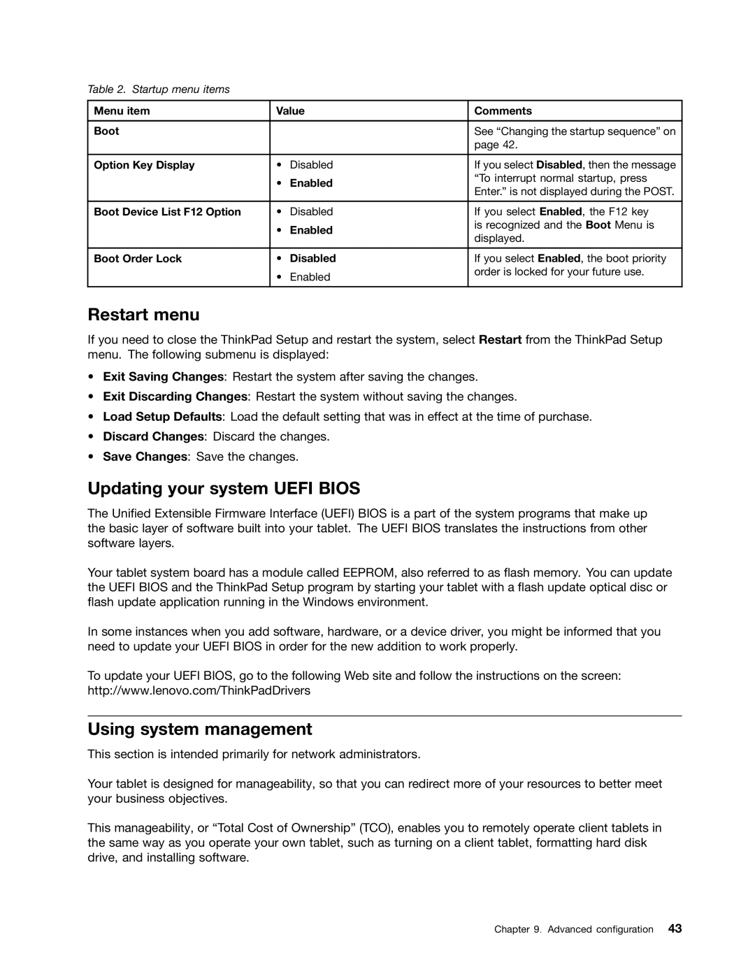 Lenovo N3S2PUK manual Restart menu, Updating your system Uefi Bios, Using system management 