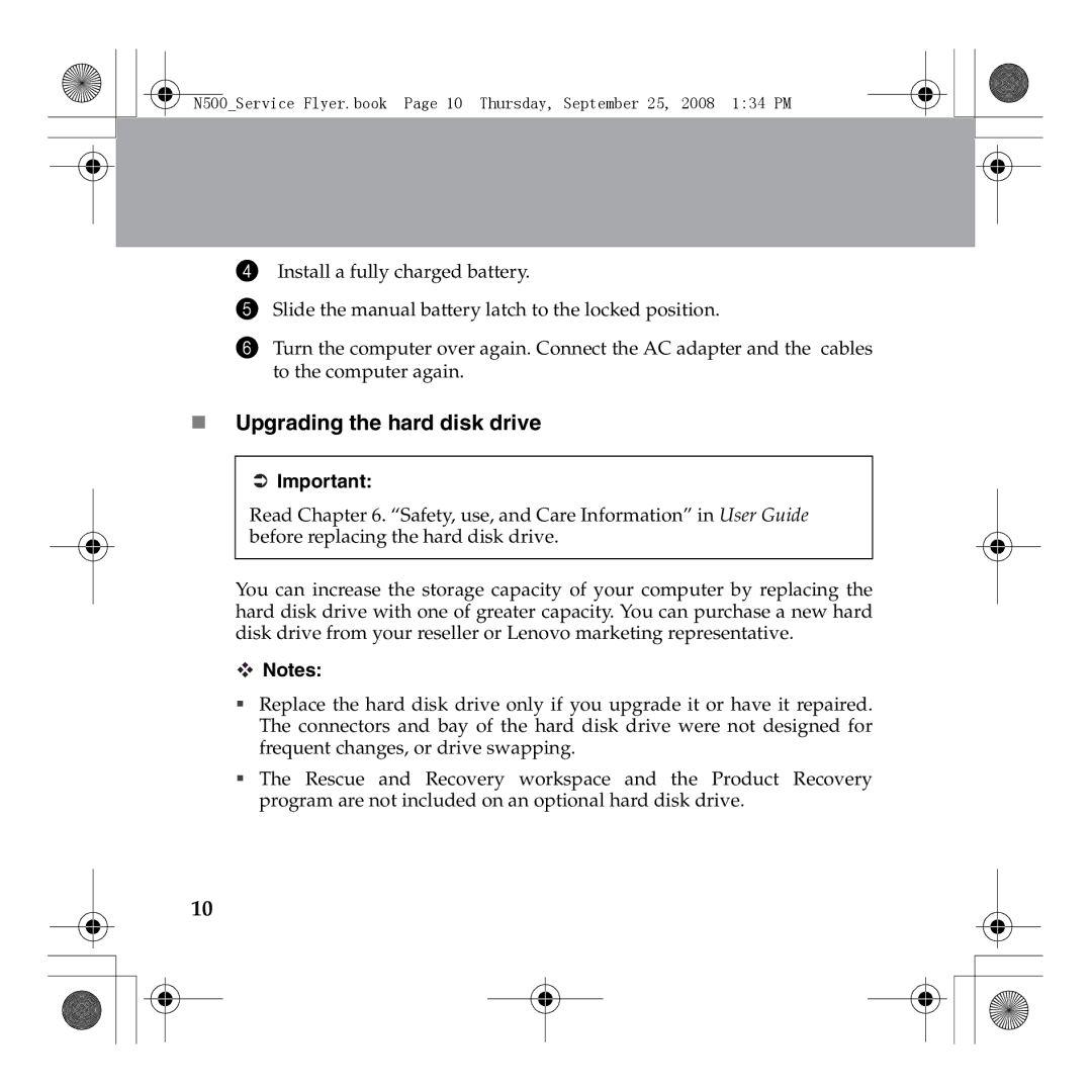 Lenovo N500 manual „ Upgrading the hard disk drive 