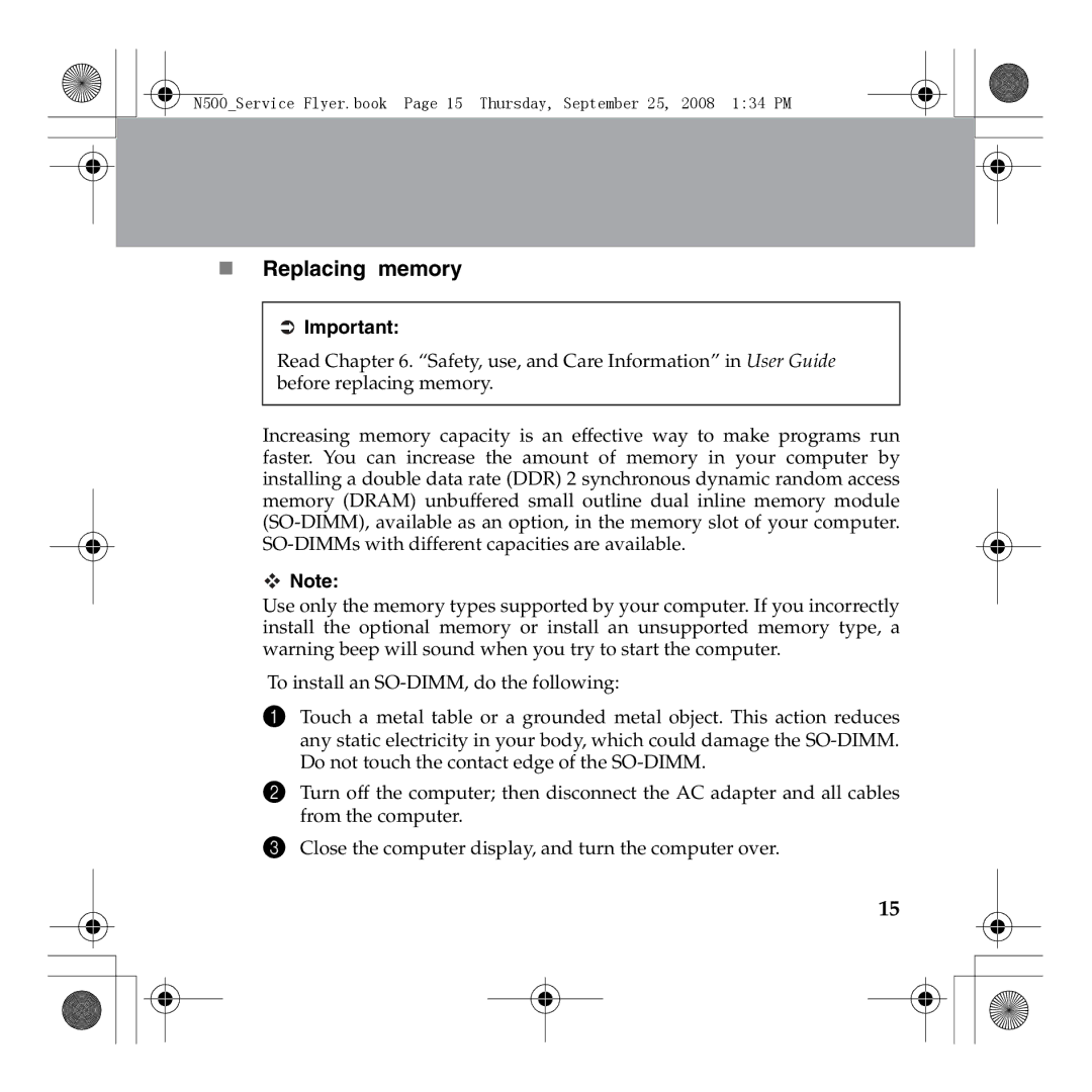 Lenovo N500 manual „ Replacing memory 