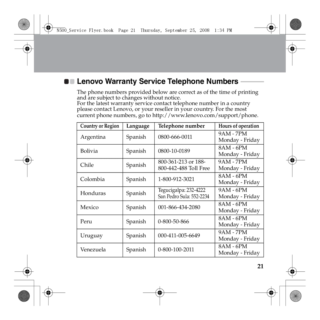 Lenovo N500 manual Lenovo Warranty Service Telephone Numbers 