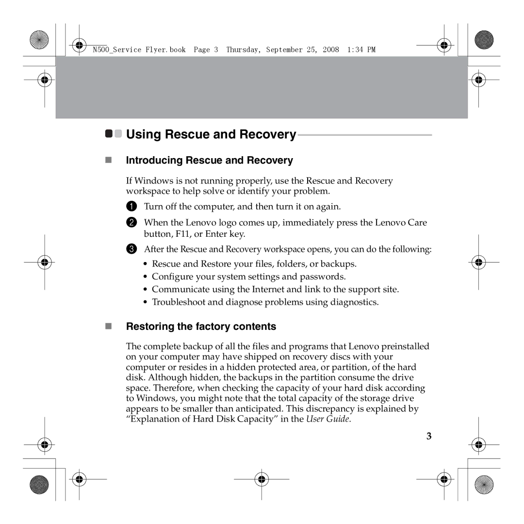 Lenovo N500 manual „ Introducing Rescue and Recovery, „ Restoring the factory contents 