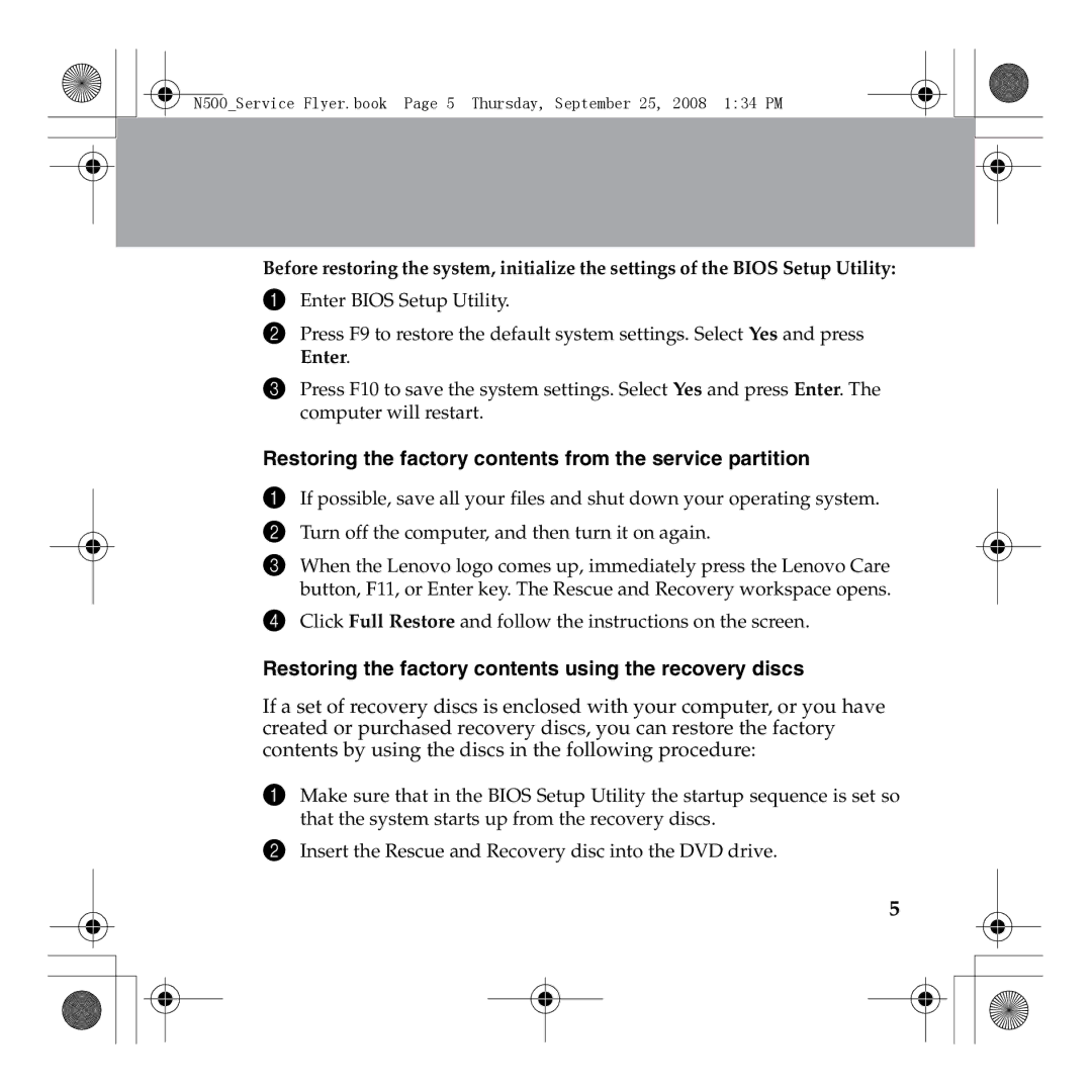 Lenovo N500 manual Restoring the factory contents from the service partition 