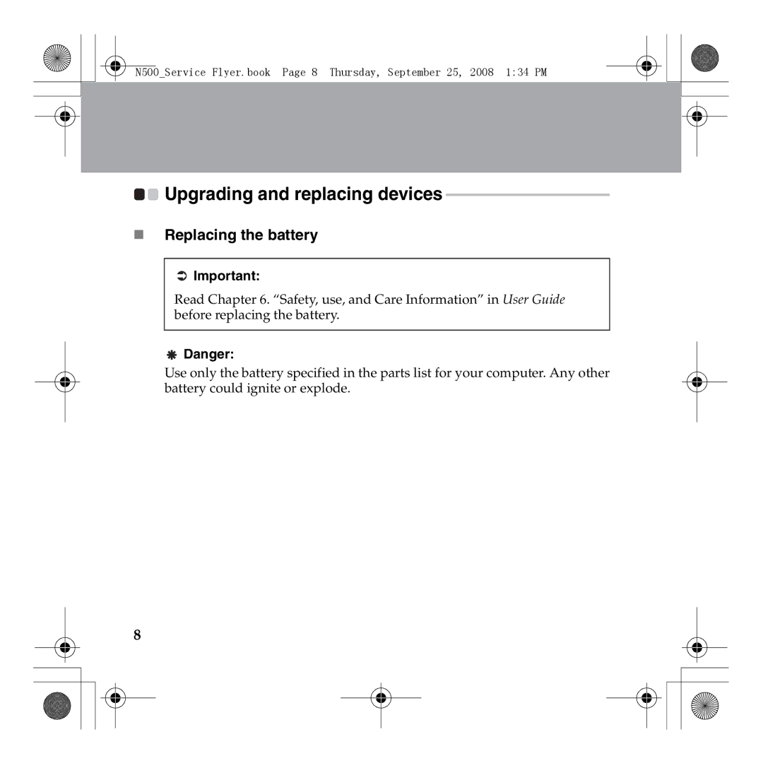 Lenovo N500 manual Upgrading and replacing devices, „ Replacing the battery 