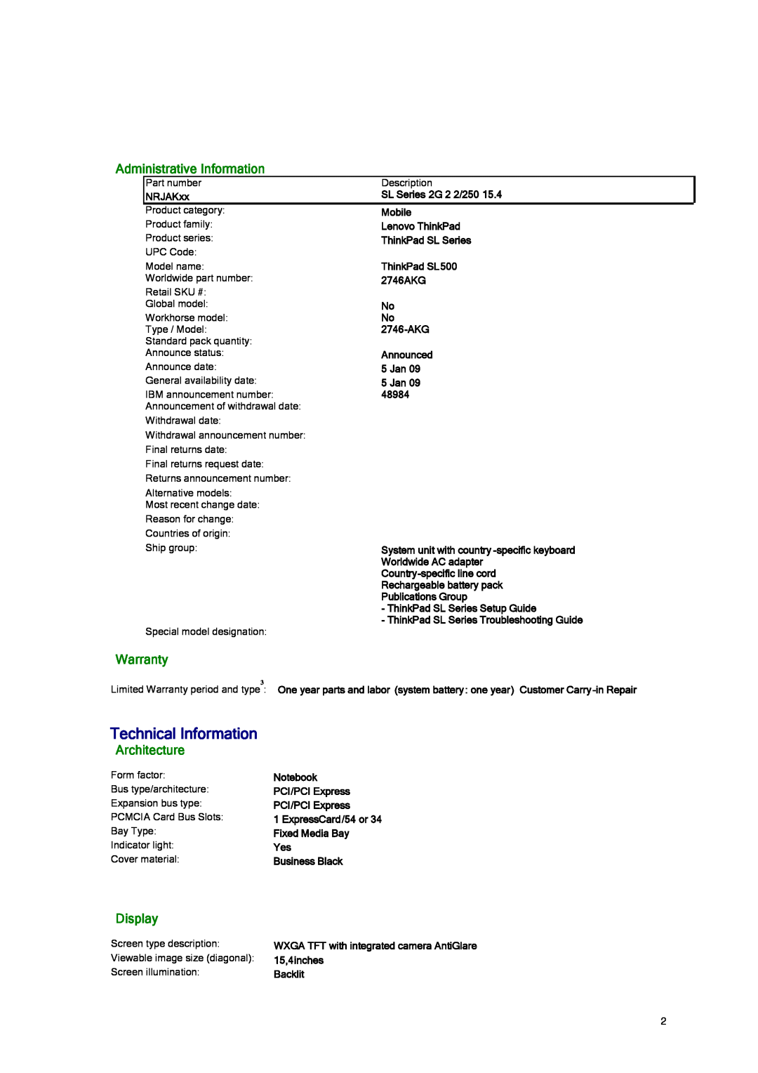 Lenovo NRJAKxx manual Technical Information, Administrative Information, Warranty, Architecture, Display 