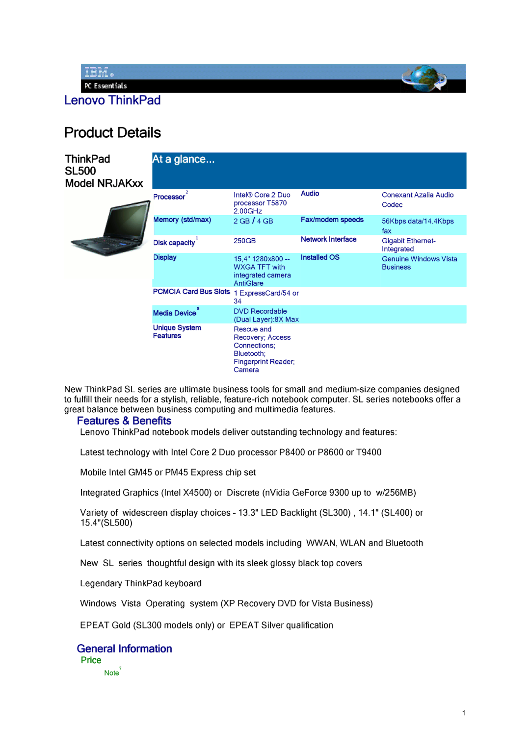 Lenovo manual ThinkPad, SL500 Model NRJAKxx, Features & Benefits, General Information, Price 