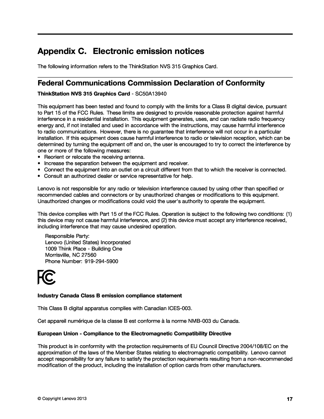 Lenovo manual Appendix C. Electronic emission notices, ThinkStation NVS 315 Graphics Card - SC50A13940 