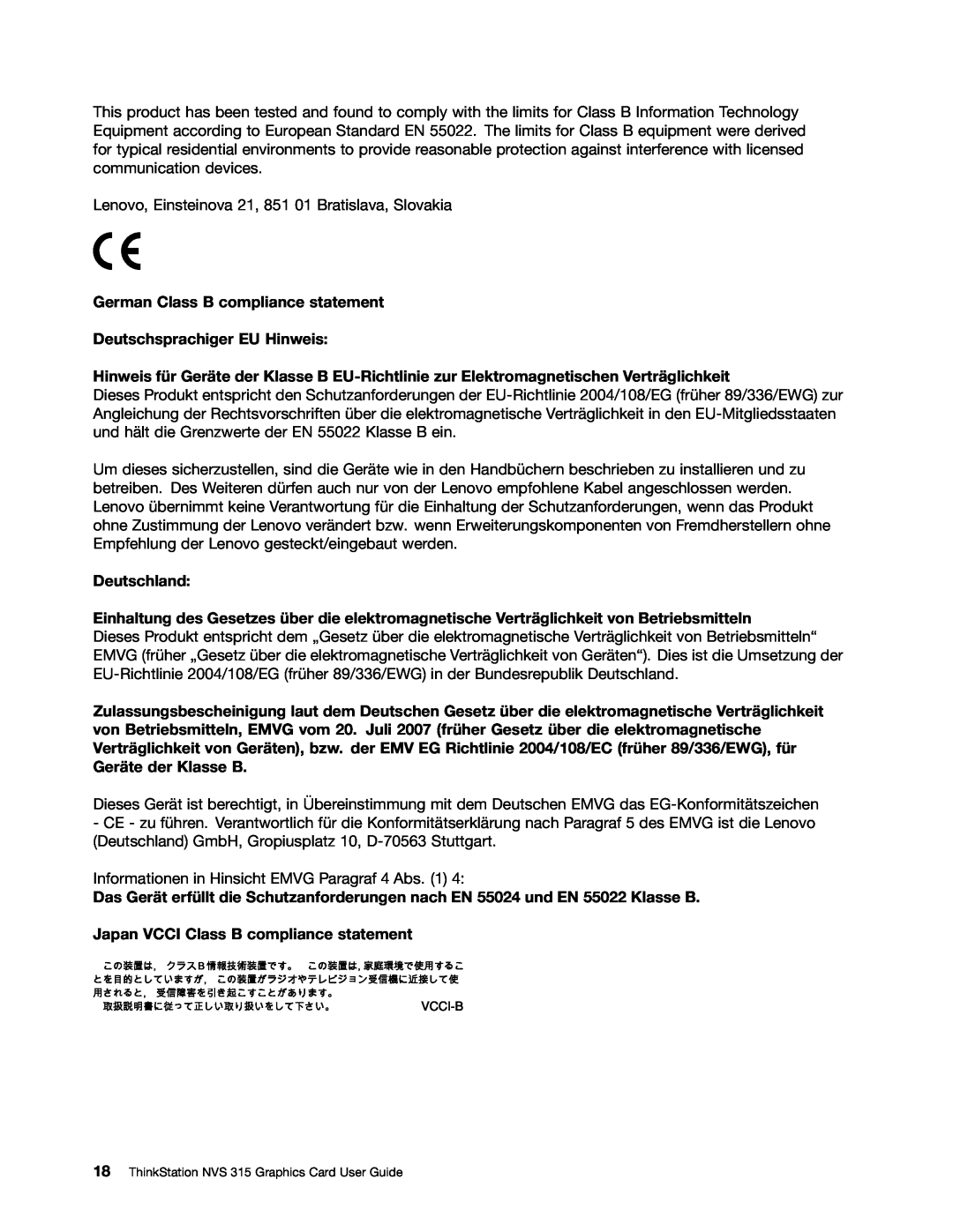 Lenovo NVS 315 manual German Class B compliance statement, Deutschsprachiger EU Hinweis, Deutschland 