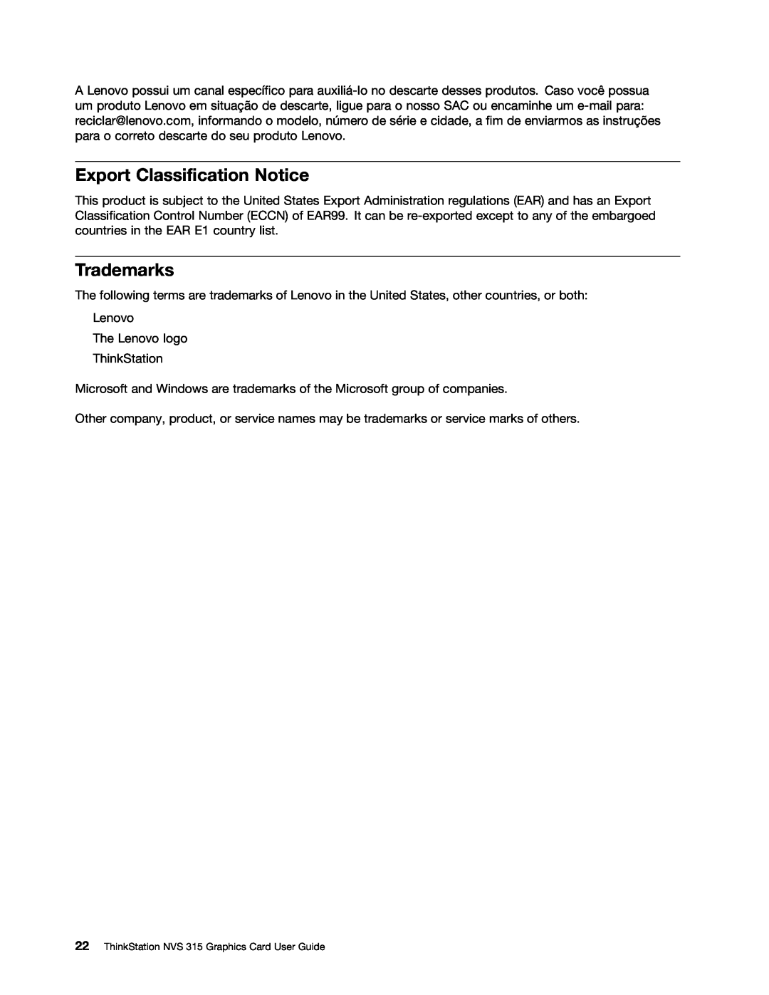 Lenovo NVS 315 manual Export Classification Notice, Trademarks 