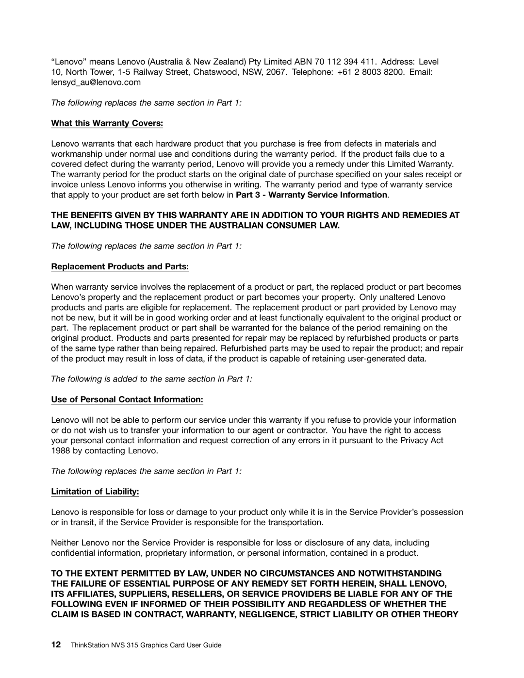 Lenovo NVS 315 manual Following replaces the same section in Part 