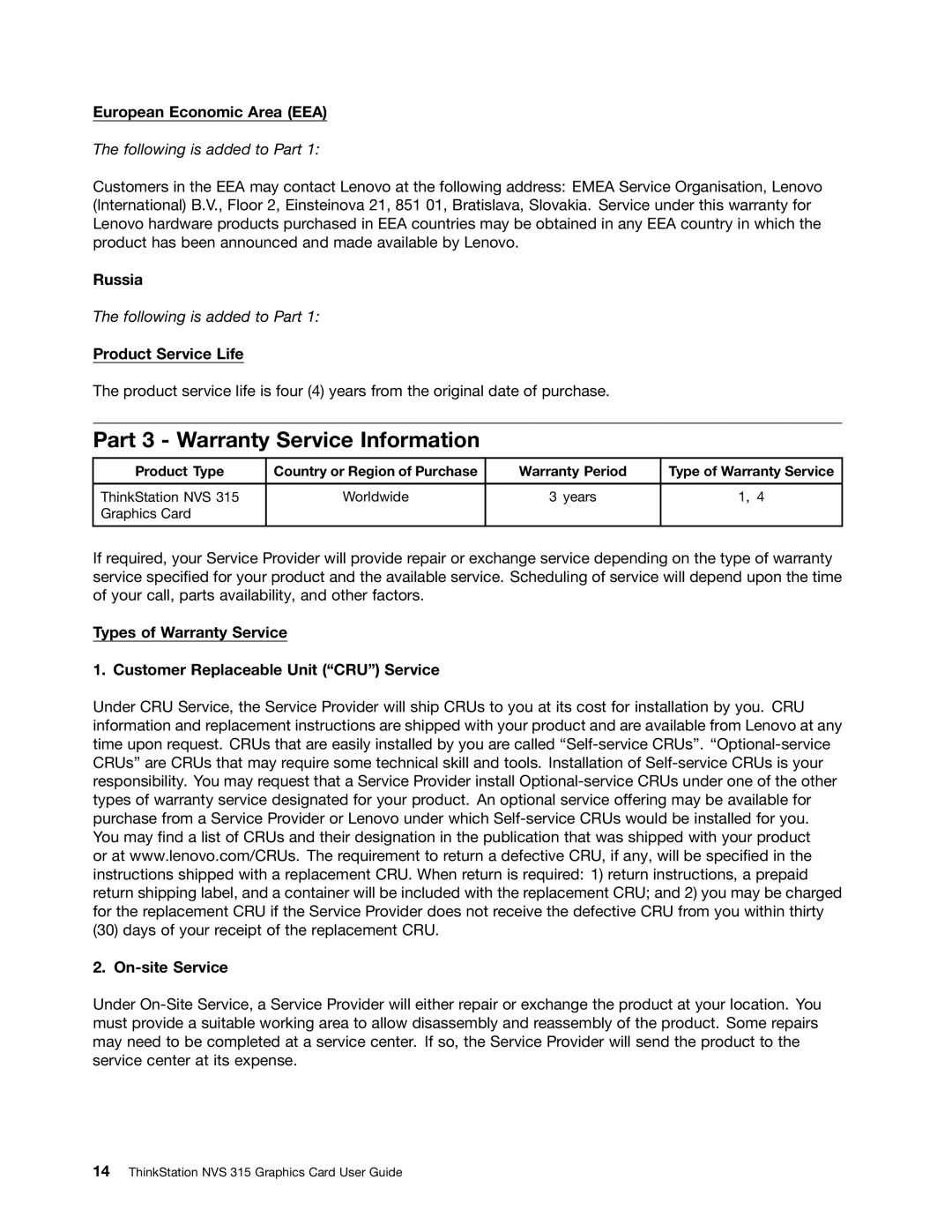 Lenovo NVS 315 manual Part 3 Warranty Service Information, European Economic Area EEA, Russia, Product Service Life 