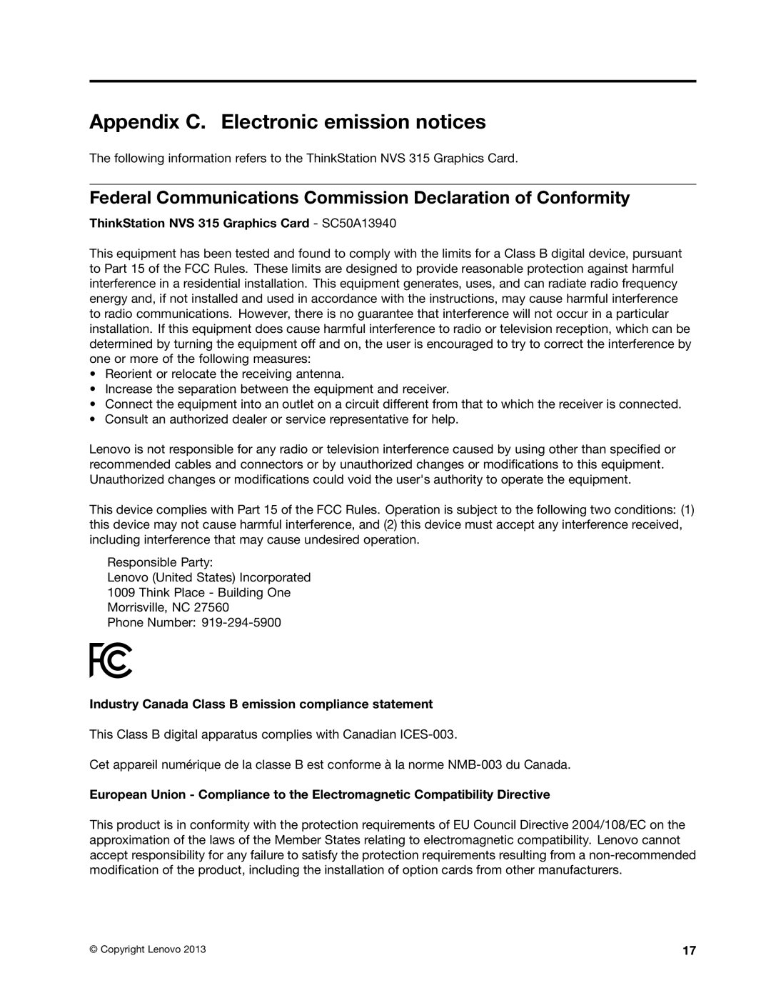 Lenovo NVS 315 manual Appendix C. Electronic emission notices, Federal Communications Commission Declaration of Conformity 