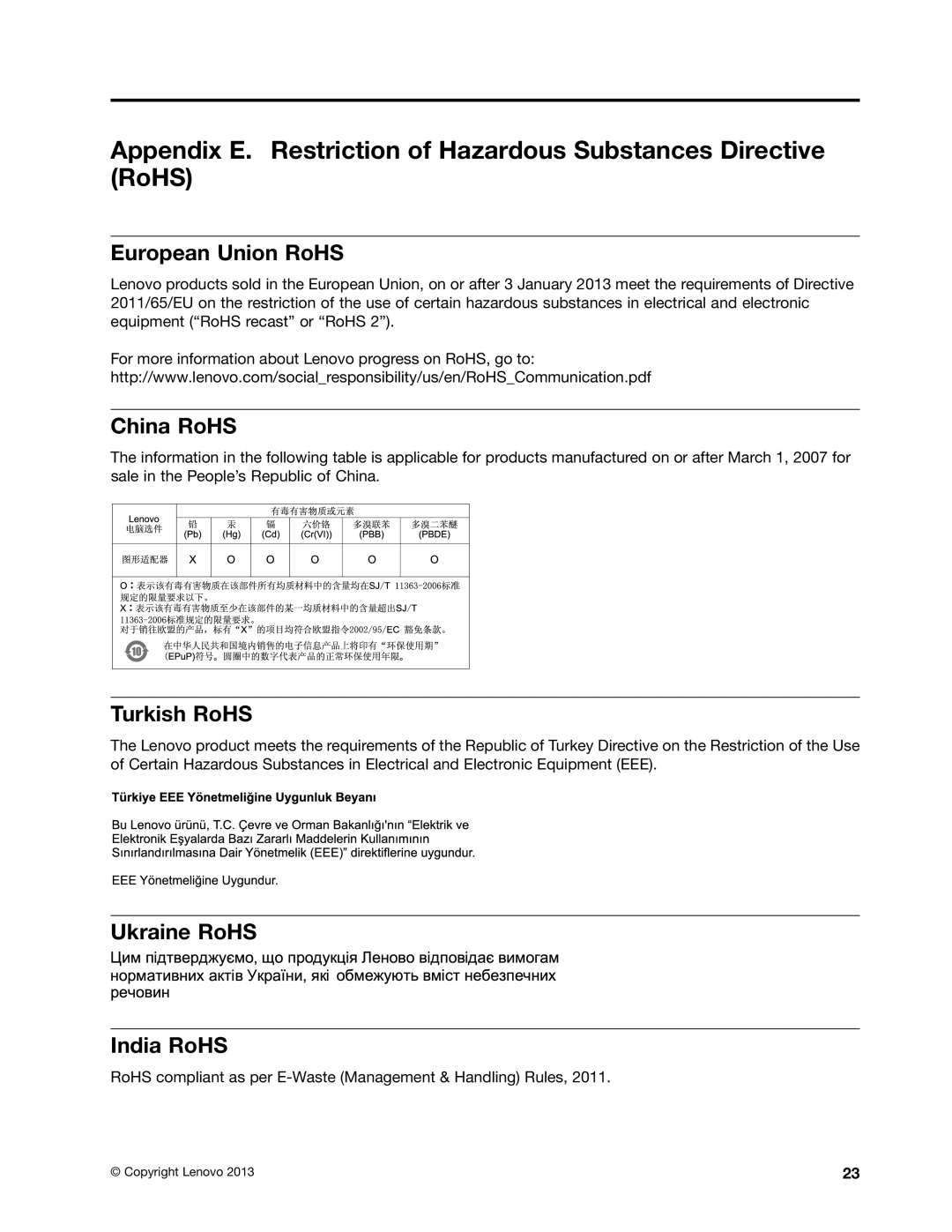 Lenovo NVS 315 manual European Union RoHS, China RoHS, Turkish RoHS, Ukraine RoHS India RoHS 