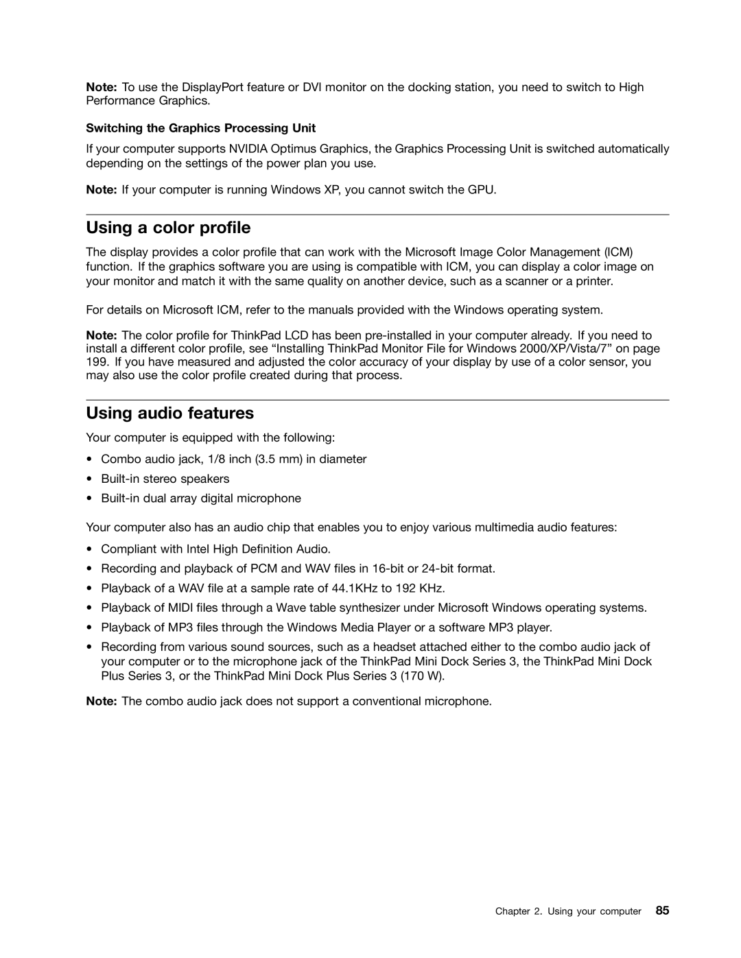 Lenovo 42421A0, NVS-4200M, 42825BU manual Using a color profile, Using audio features, Switching the Graphics Processing Unit 