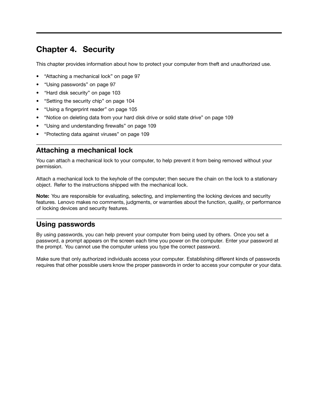 Lenovo 42421A0, NVS-4200M, 42825BU, 4242X04 manual Attaching a mechanical lock, Using passwords 