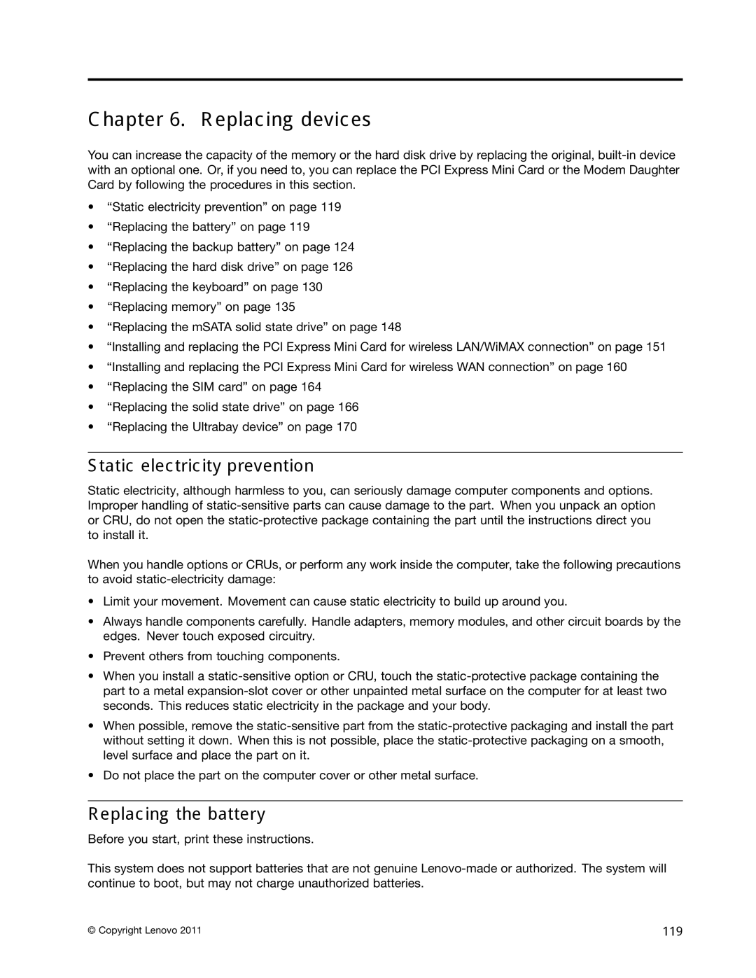 Lenovo 42825BU, NVS-4200M, 4242X04, 42421A0 manual Static electricity prevention, Replacing the battery, 119 