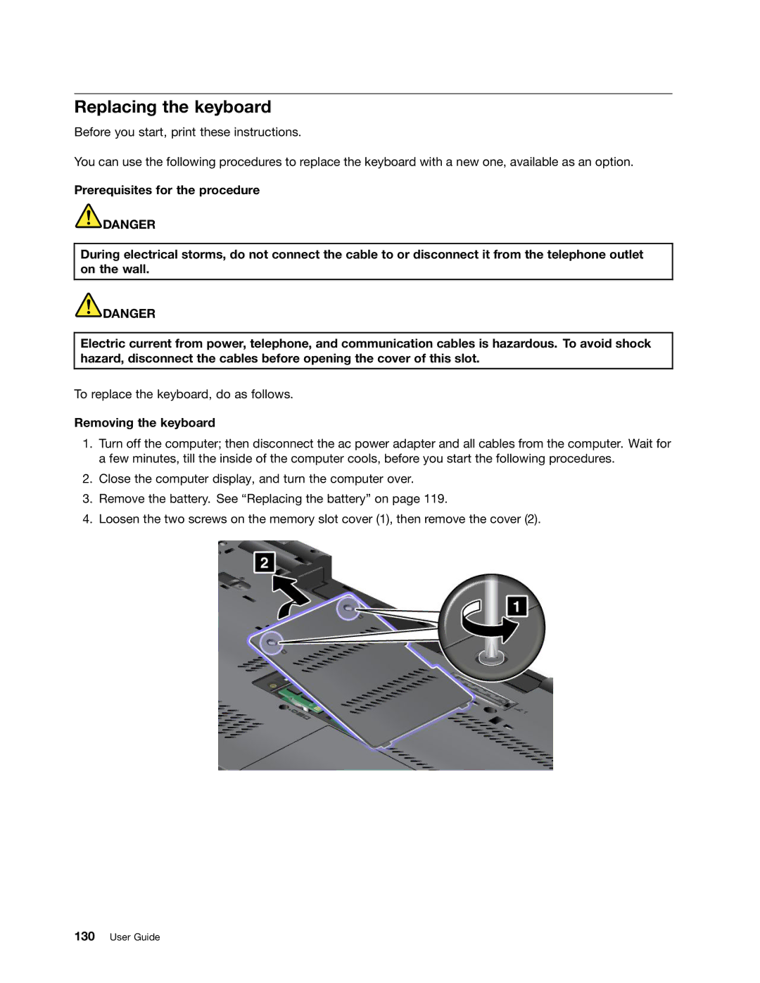 Lenovo NVS-4200M, 42825BU, 4242X04, 42421A0 manual Replacing the keyboard, Removing the keyboard 