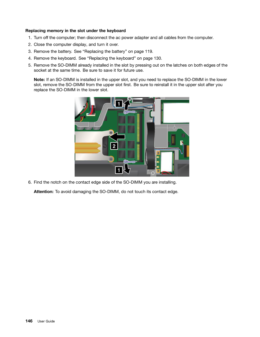 Lenovo NVS-4200M, 42825BU, 4242X04, 42421A0 manual Replacing memory in the slot under the keyboard 