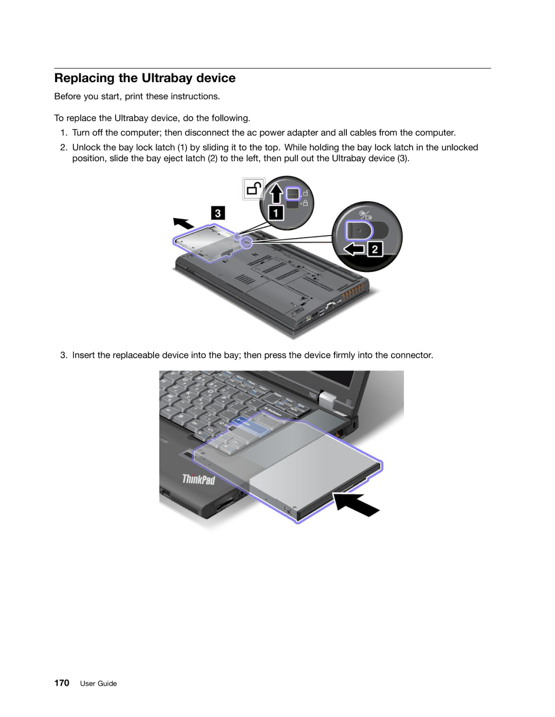 Lenovo NVS-4200M, 42825BU, 4242X04, 42421A0 manual Replacing the Ultrabay device 