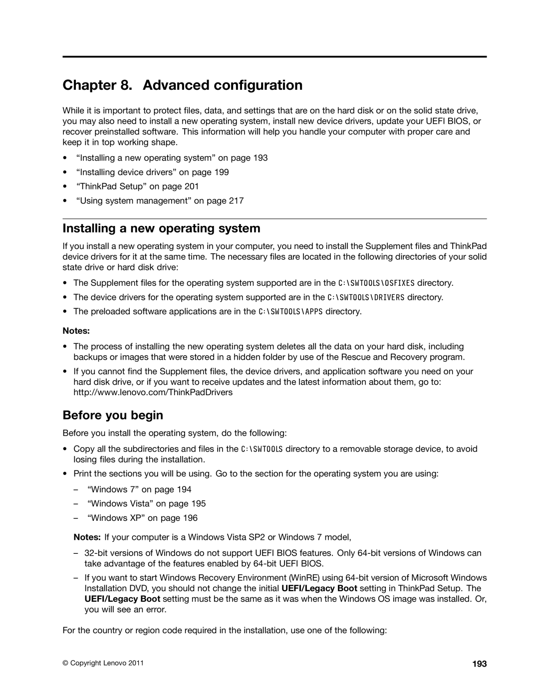 Lenovo 42421A0, NVS-4200M, 42825BU, 4242X04 manual Installing a new operating system, Before you begin, 193 