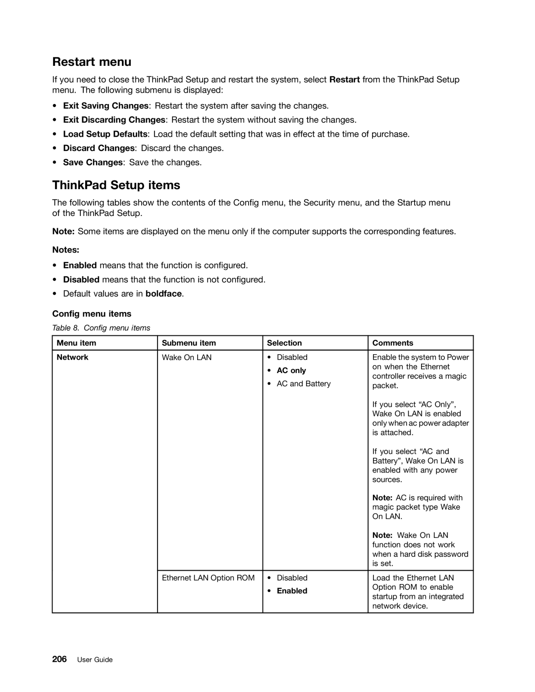 Lenovo NVS-4200M, 42825BU, 4242X04, 42421A0 manual Restart menu, ThinkPad Setup items, Config menu items 