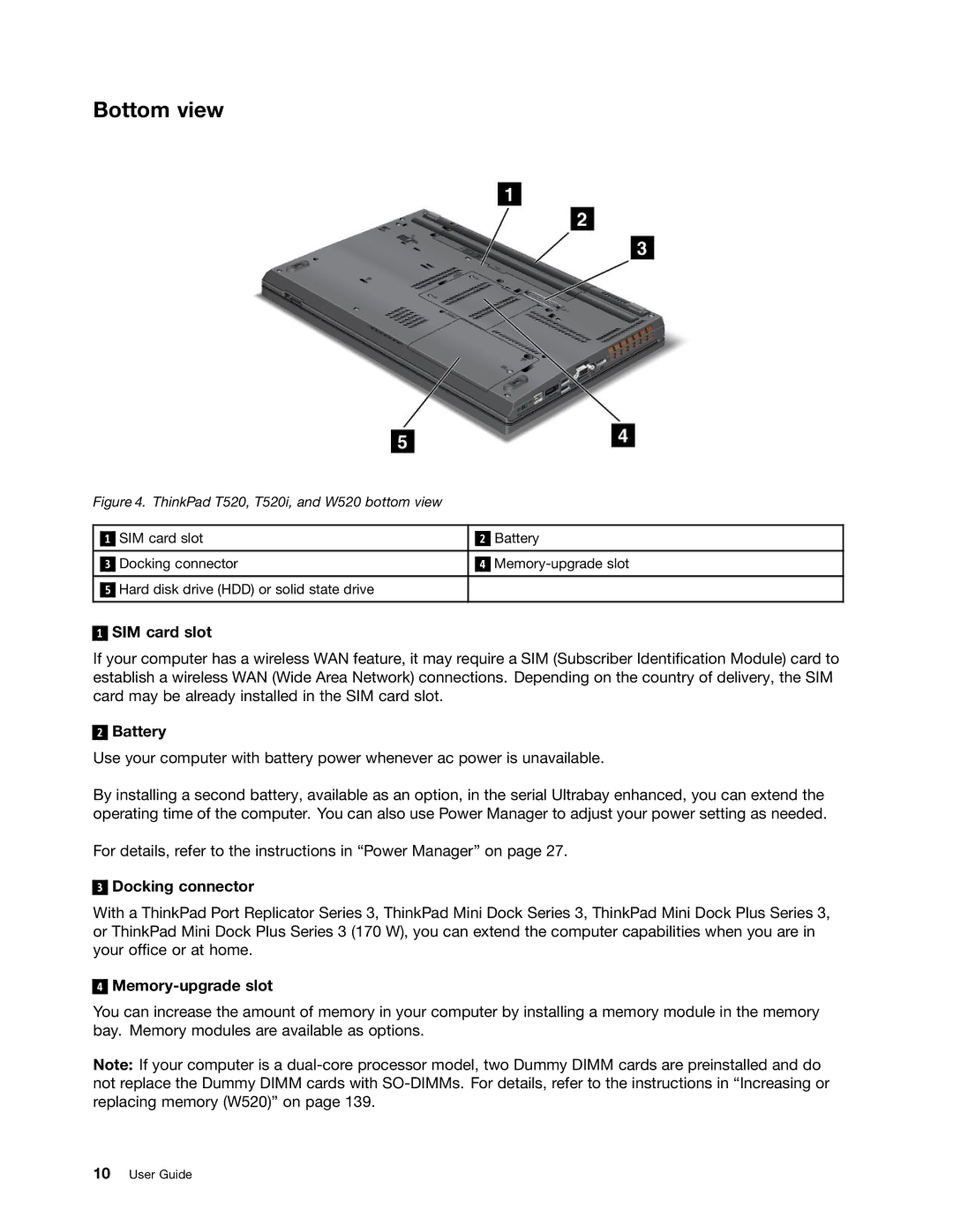 Lenovo NVS-4200M, 42825BU, 4242X04, 42421A0 manual Bottom view, SIM card slot, Battery, Docking connector 