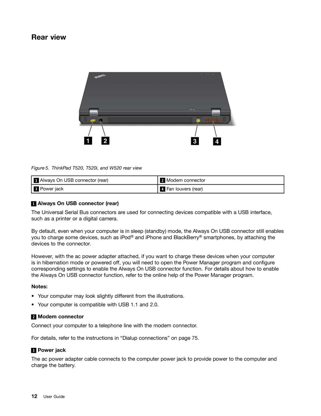 Lenovo 4242X04, NVS-4200M, 42825BU, 42421A0 manual Rear view, Always On USB connector rear, Modem connector, Power jack 